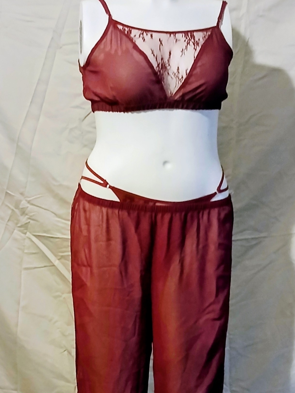Adore Me Burgundy Sheer Lace Bralette & Lounge Pants Set